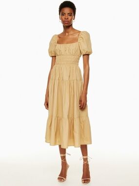 Aritzia Beige Tiered Poplin Midi Dress with Puff Sleeves